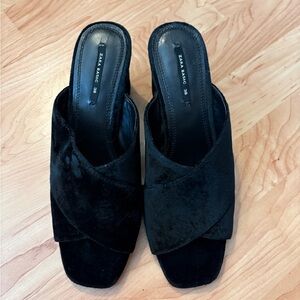 Zara Black Velvet Block Heel Mules